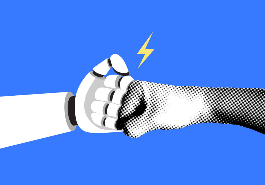 Human hand and a robot hand making fist bump. Fight between human and artificial intelligence. AI and human balance Human hand and a robot hand making fist bump. Fight between human and artificial intelligence. Halftone collage. Fist collision. Teamwork, team building. AI and human balance