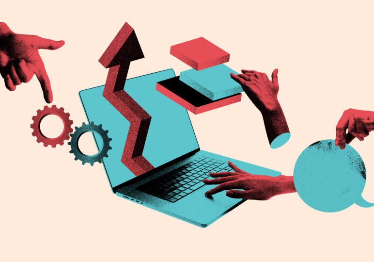 Bright collage. Hands creating system integration with laptop gears and arrows. Concept of technology and IT, process visualization, SaaS platforms, UX design, and business development.